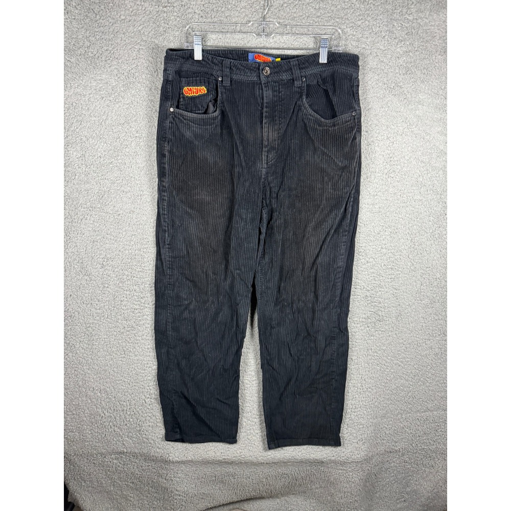 Empyre Relaxed Fit Corduroy Pants Mens 34 Black Wide Skate Embroidered Y2K 2000s